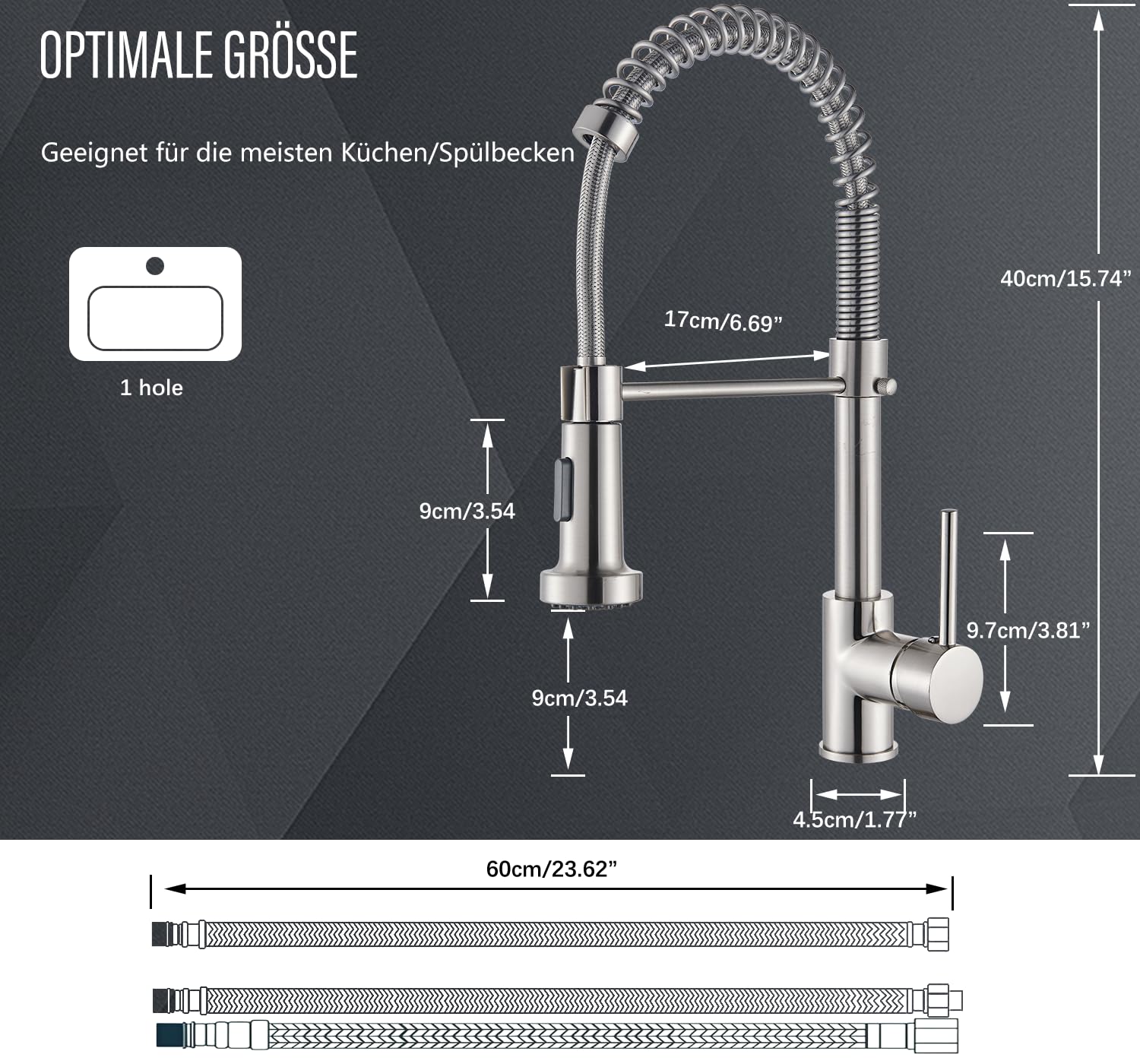 Niederdruck Wasserhahn Küche Spültischarmatur Mischbatterie Armatur Küche mit 2 Sprühfunktionen um 360° Gedreht Werden Gebürstetes Nickel mit Herunterziehbare Brause