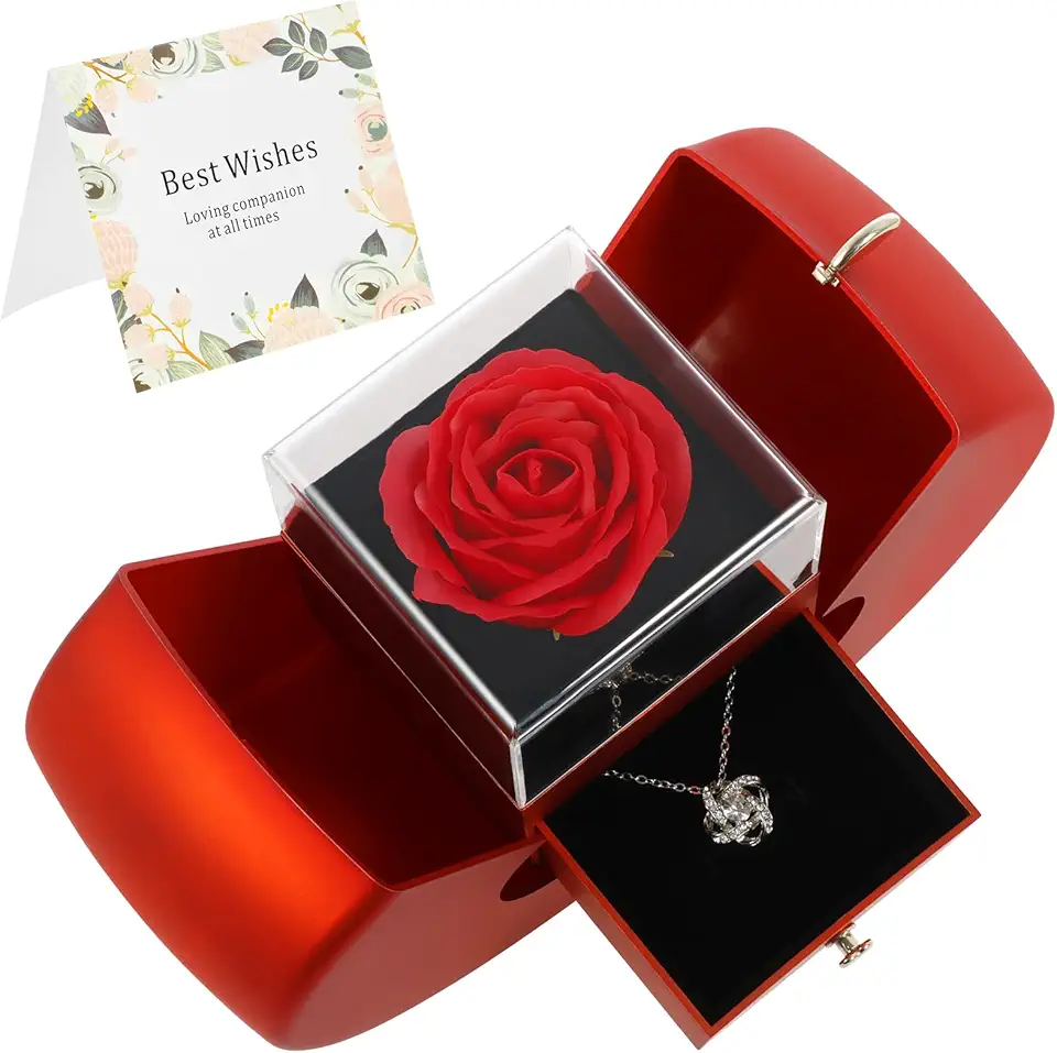 Colar de rosa vermelha artesanal preservada com clavícula oca, rosa real preservada, caixa de joias com colar para namorada, esposa, mãe, presente no aniversário de Natal, aniversário, plástico