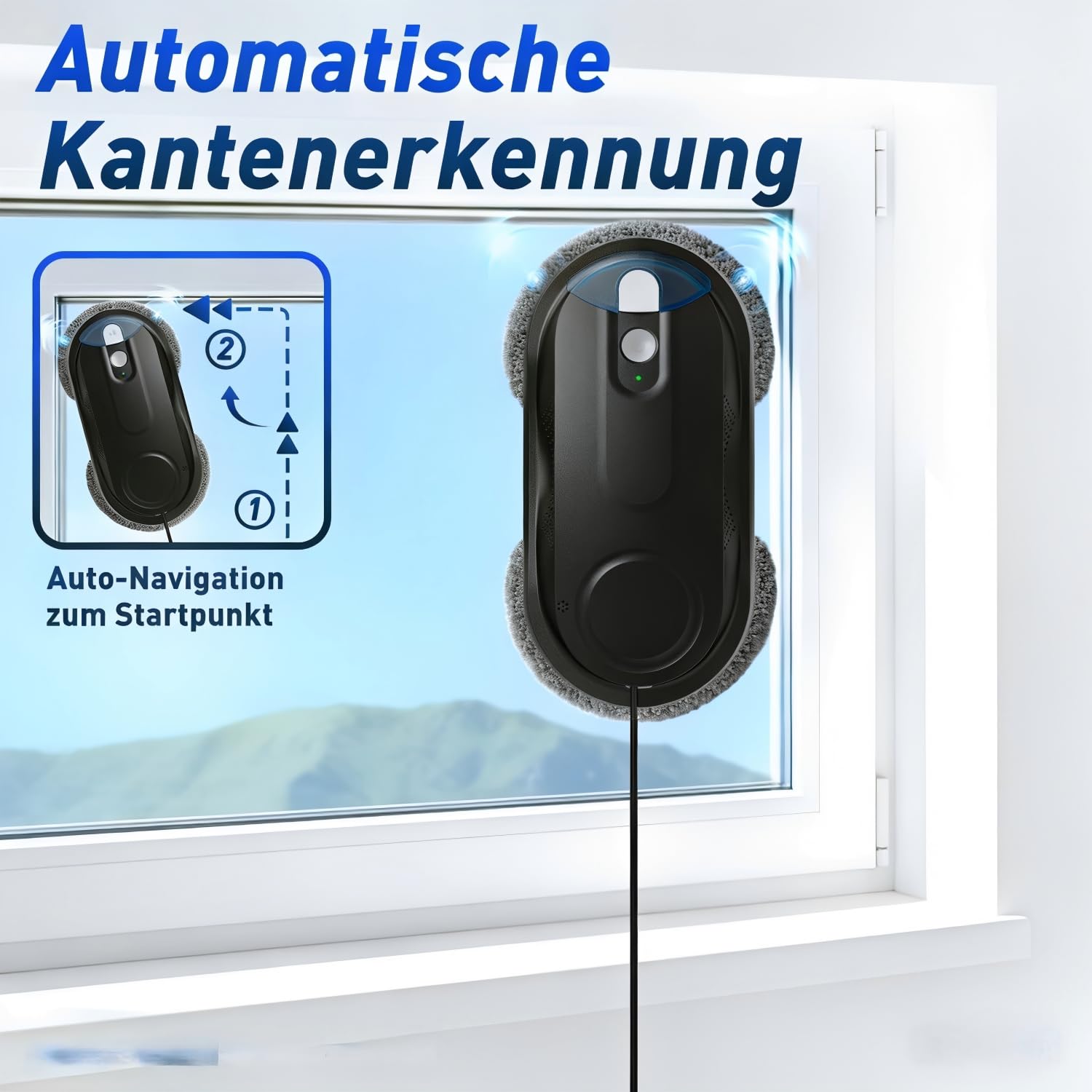 KKI Fensterputzroboter, Automatischer Fensterreiniger,Doppel-Spray,Max 3200Pa,KI-Pfadplanung & Randerkennung, Fernbedienung für Hochgeschoss Fenster, Glas, Tür,8xTücher