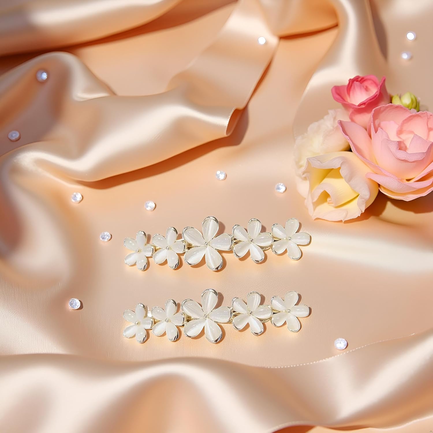 2Pcs Golden Flower Opal Hair Clips Gold Sparkly Wedding Barrettes Fancy Hair Pins Valentines Wedding Prom Engagement Birthday Decorative Accessories for Women Girls Thick Fine Hair,Clips and Barrettes