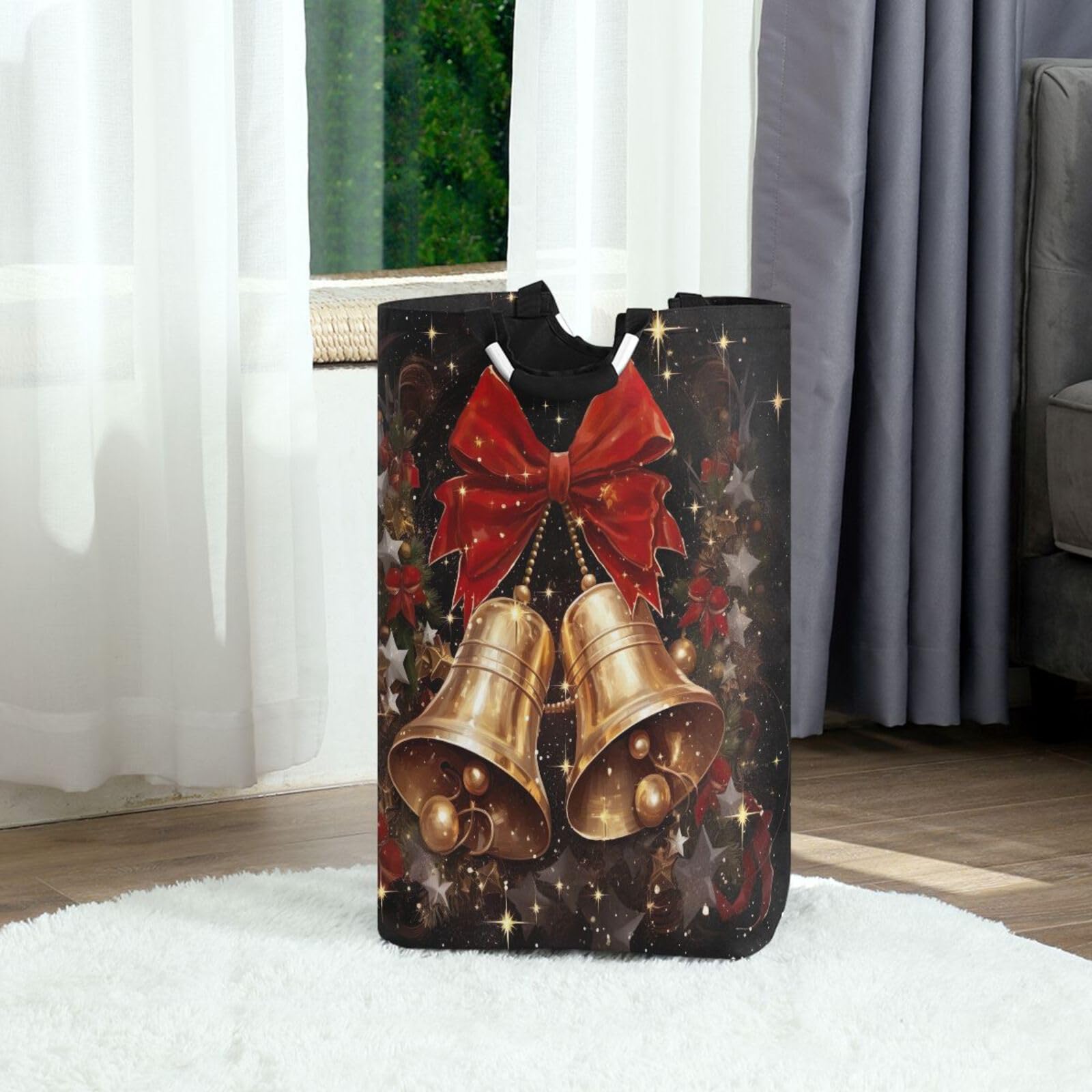 Jihqo Laundry Hamper Basket Christmas Bell Collapsible Nursery Storage Bin Waterproof Clothing Baskets for Home Bedroom Bathroom Washing Room