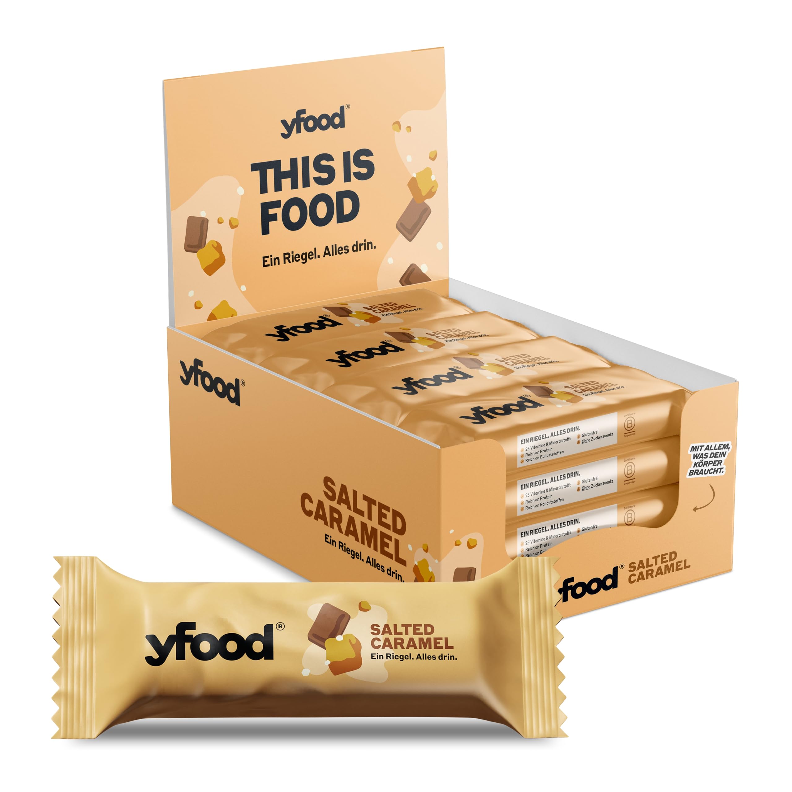 YFoodSalted Caramel Bar, tasty meal replacement, THIS IS FOOD, 14g of protein, 26 vitamins and minerals (12 pack)