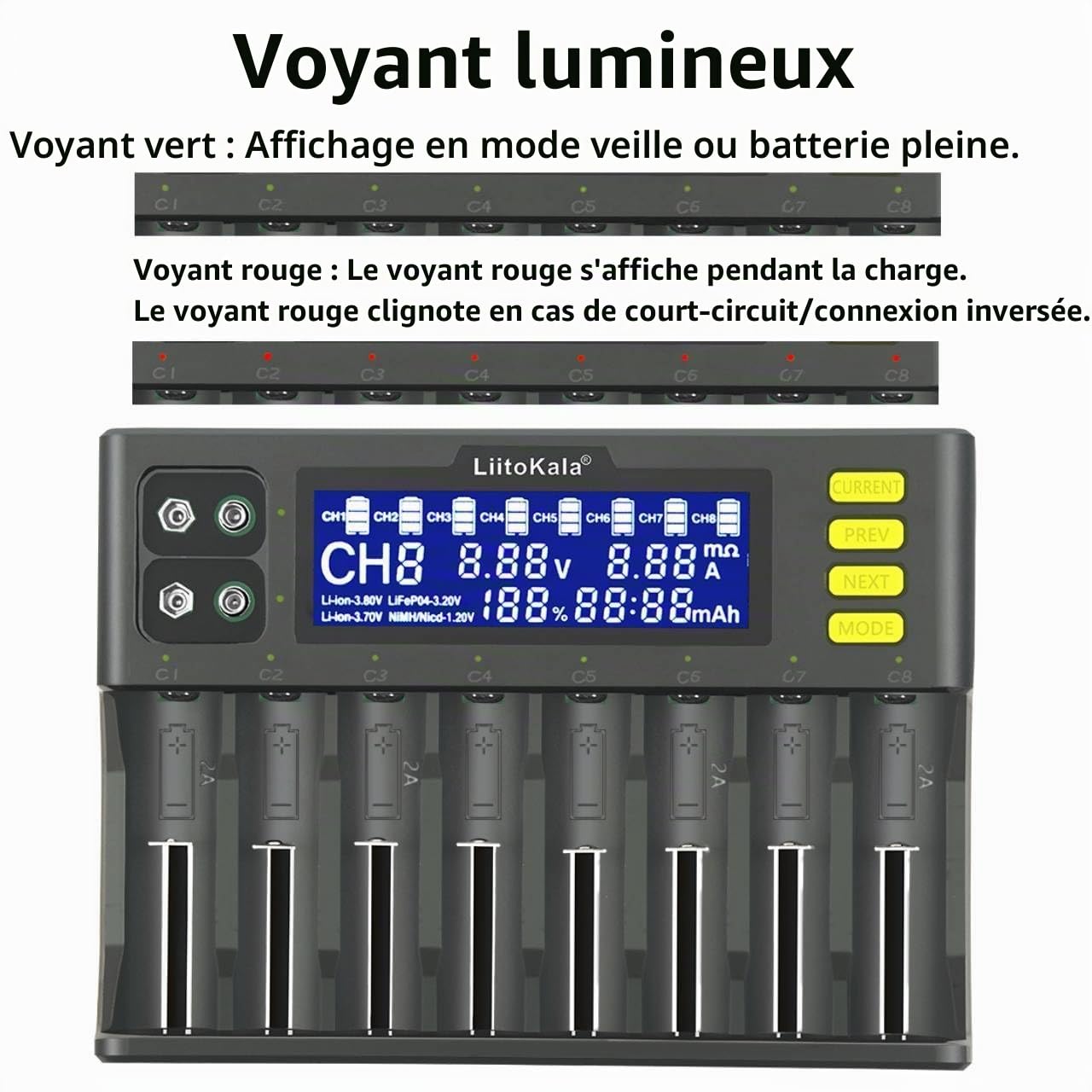 Chargeur de Batterie 18650, LiitoKala LII-S8 Chargeur de Batterie 9V avec écran LCD, Chargeur Batterie pour Li-ION LiFePO4 Ni-MH Ni-CD AA AAA C 21700 26650 13650 16340 18700 RCR123, 8 Baies