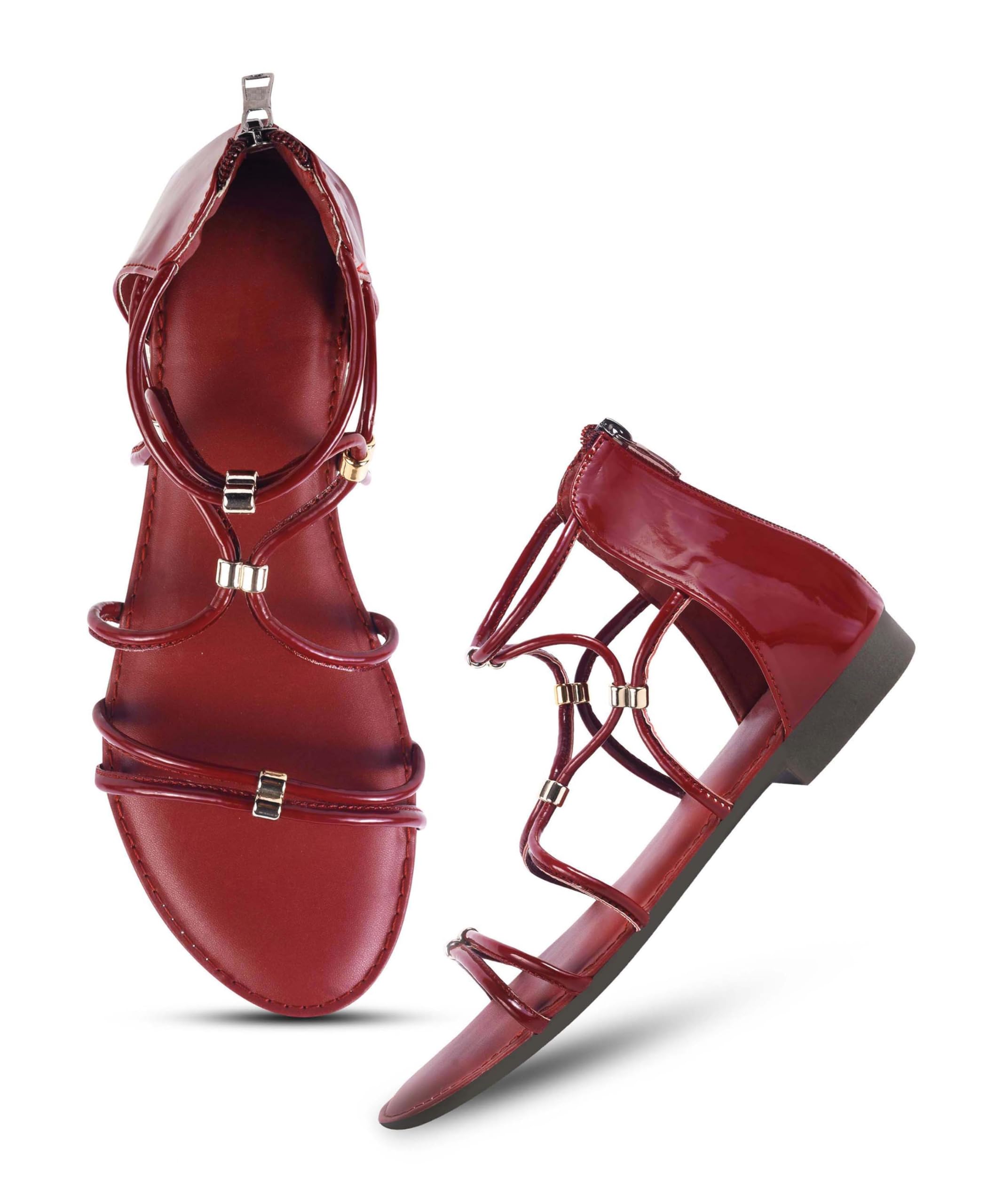 Froh Feet Women's Stylish Gladiator Flat Sandals with Metallic Accents and Back Zipper – Chic Strappy Open-Toe Flats for Everyday and Vacation Wear-image-30