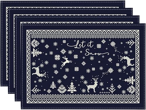 Miniatura 7 de Artoid Mode Juego de 4 manteles individuales de invierno con renos y copos de nieve, 12 x 18 pulgadas, manteles individuales de temporada color rojo