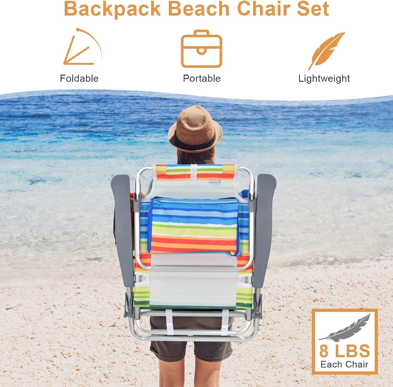GYMAX Beach Chairs, Backpack Camping Chair with Armrest, Cooler Bag, Cup Holder, Towel Bar & Side Pockets, Sunbath Sling Tanning Lounge, Folding Layout Chair (Without Table, Yellow Stripe)