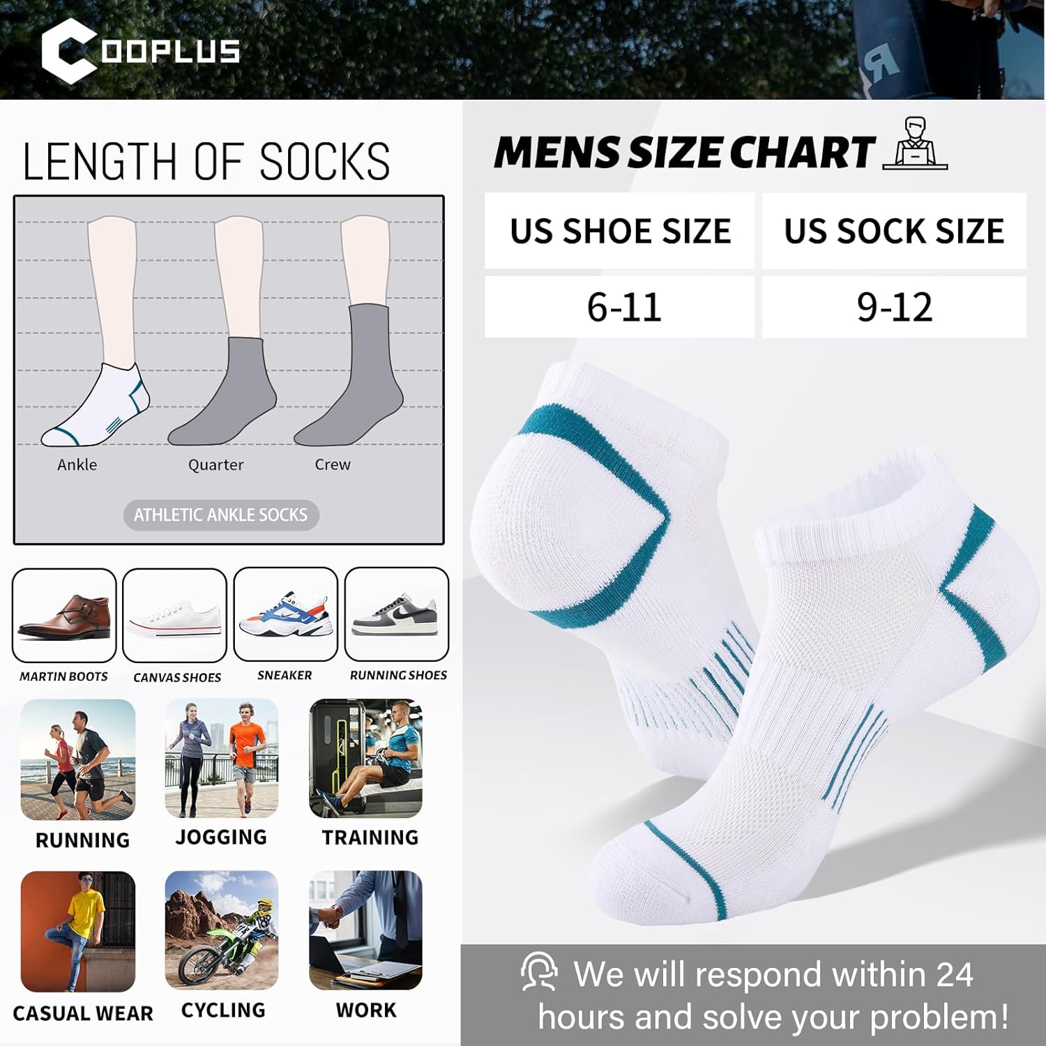 COOPLUS 12 Pack Men's Athletic Ankle Socks Cushioned Running Breathable Low Cut Casual Socks - Image 6