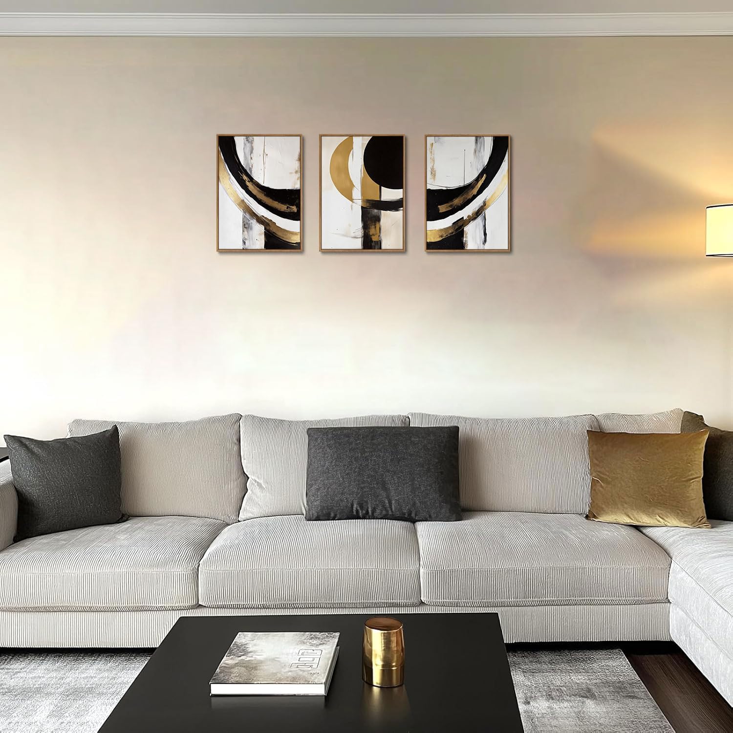 KISSFOX 3 Piece Framed Wall Art Abstract Wall Decor Black Gold Pictures Modern Geometric Canvas Art Large Minimalism Paintings Artwork For Living Room Bedroom Office