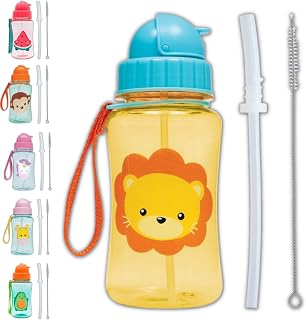 Garrafinha Infantil 400 Ml Buba Com Canudo Extra Reposição Retrátil Silicone (Leão)