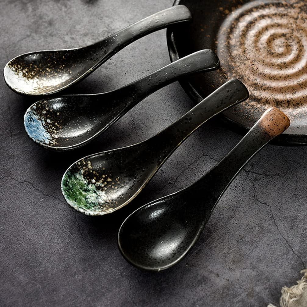 Chinese Soup Spoons,Ramen Spoon,5pcs Japanese Soup Spoon Set Retro Soup Spoon Ceramic Portion Spoon for Chinese Asian Ramen Pasta Cutlery