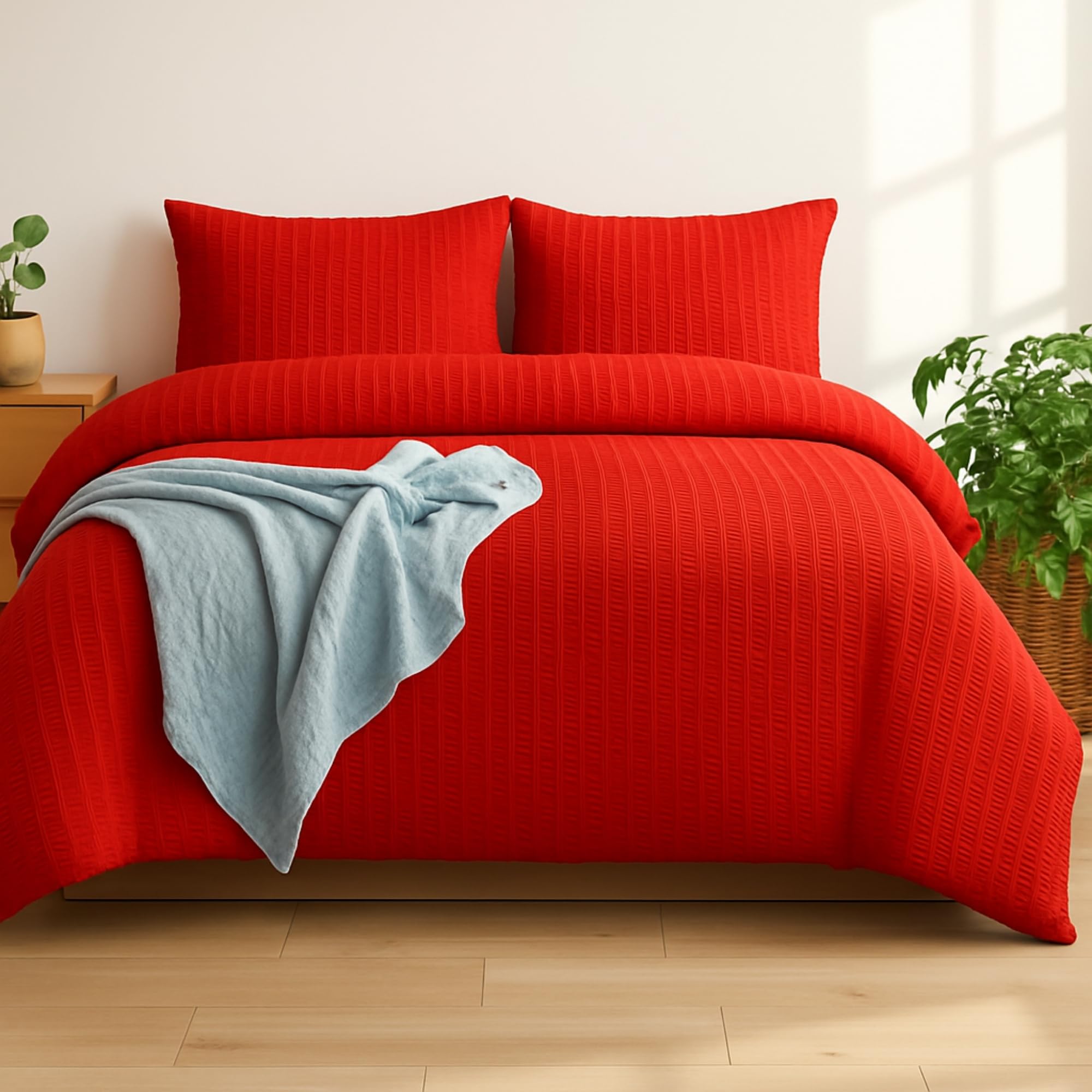 Q&H Bedding Double Seersucker Duvet Cover Set - Red Quilt Cover Brushed Microfiber with Pillowcase - Multiple Sizes Complete Bedding Set - Soft & Breathable, Easy Care & Machine Washable — image 1
