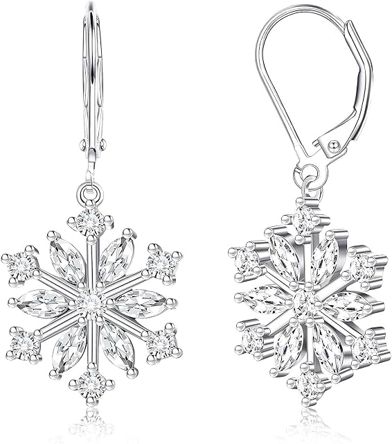 Milacolato 925 Sterling Silver Snowflake Drop Earrings for Women 18K White Gold Plated Leverback Dangle Snowflake Earrings High Polished Silver Dangle Drop Earrings