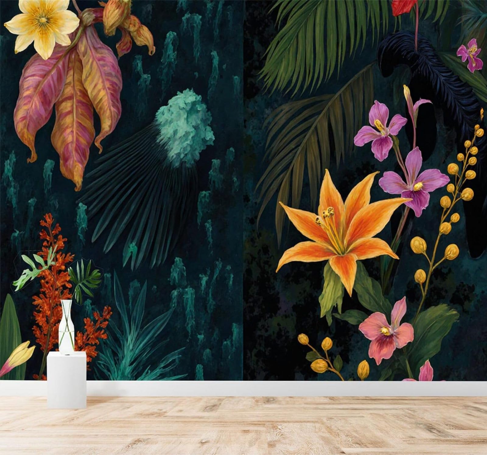 XLMING Tropical Jungle Colourful Flowers Leaves Plants 3D Wallpaper Premium Textured Silk Study Dining Living Room Bedroom Sofa TV Wall Easy Install-400cm×280cm