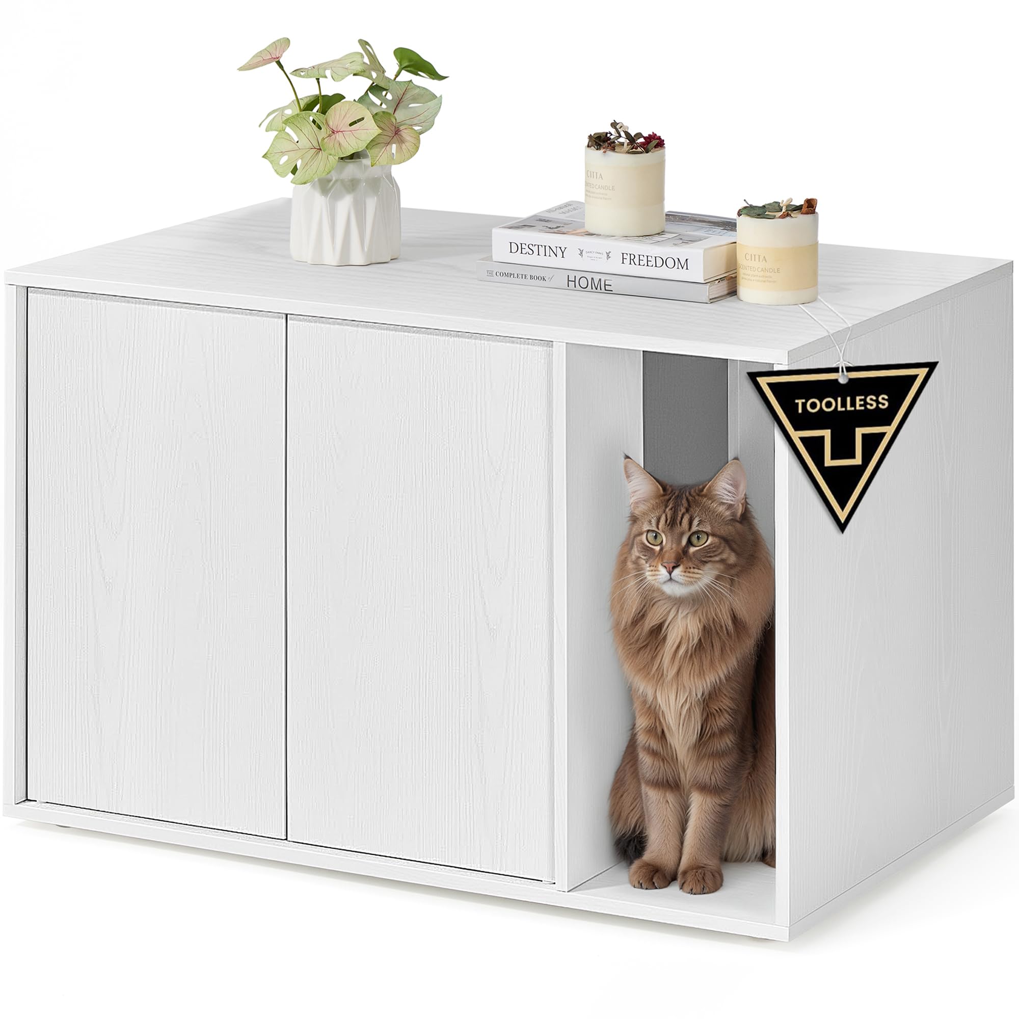 SONGMICS HOME Mobile per Lettiera Gatto, Montaggio Rapido Senza Attrezzi Toolless, Armadietto Lettiera, Casetta per Gatti Grandi, Porte a Spinta, 56 x 44,8 x 45,7 cm, Bianco Neve PCL013W01