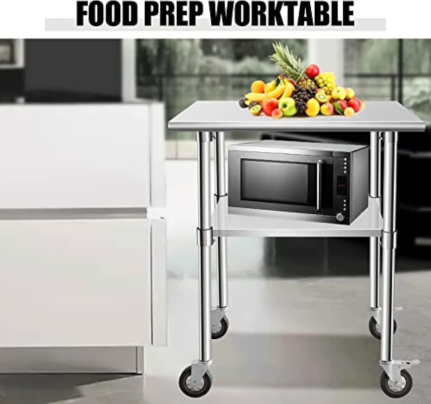 Three-Shelf Movable Food Prep and Work Cart Table, Home and Outdoor Multifuctional Stainless Steel Table Top Worktable On Two Wheel,30''x24''