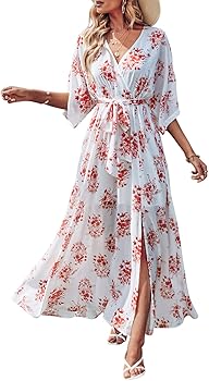 ANRABESS Women’s Summer Loose Kimono Maxi Dress Wrap V Neck 3/4 Sleeve Floral Print Slit Long Dresses