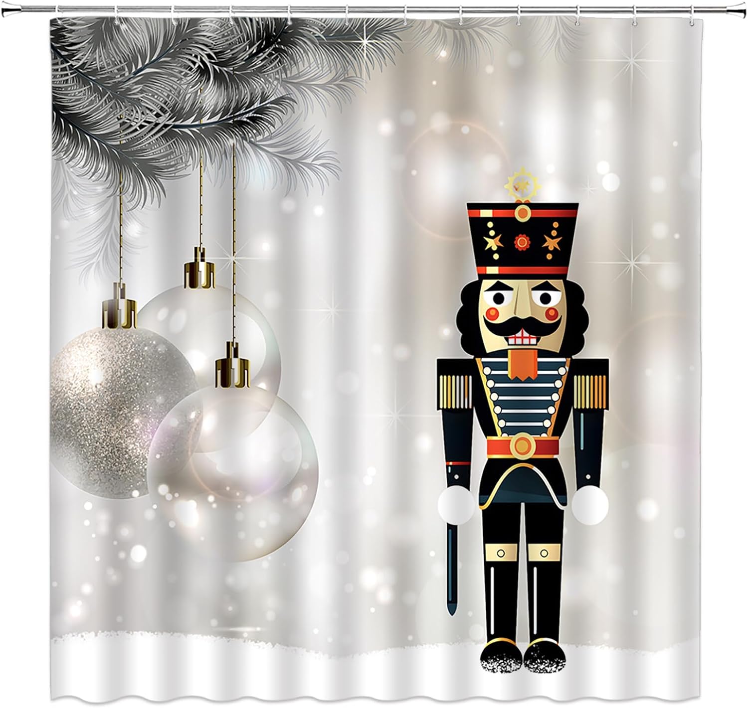 Christmas Extra Long Shower Curtain, Golden Gray Silver Xmas Ball Nutcracker Snowflake Twigs Fantasy Winter Holiday Festival Bathroom Home Curtain Decor with Hooks,70" Wx78 H