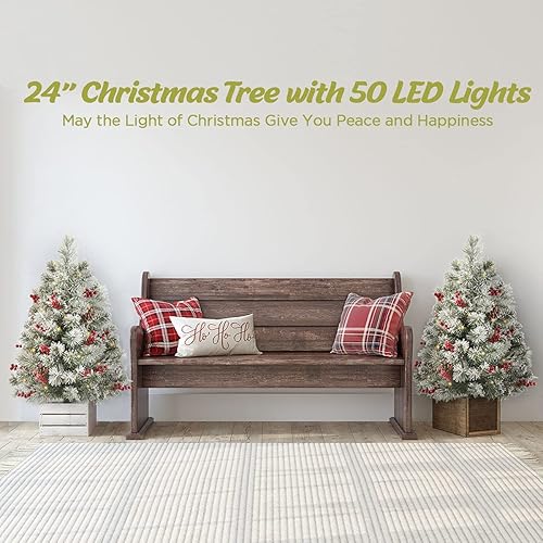 Miniatura 2 de OasisCraft Paquete de 2 árboles de Navidad para exteriores de 24 pulgadas, árbol de Navidad flocado con 50 luces LED, árbol de Navidad pequeño