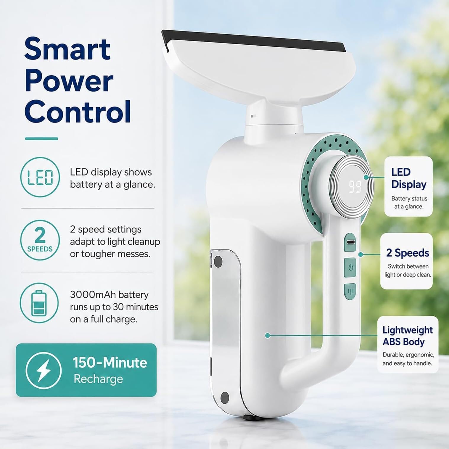 Limpiacristales Inalámbrico Aspirador 150ml | Succión 1500Pa, 3en1, batería 3000mAh, LED, 2 modos. Para azulejos, espejos y coche.(White)