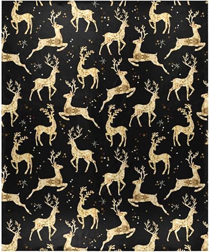 KLL Christmas Deer Gold Black Sofa Throw Blanket Warm Comfy All Season Use Bed Blanket 50"x60" for Picnic Office