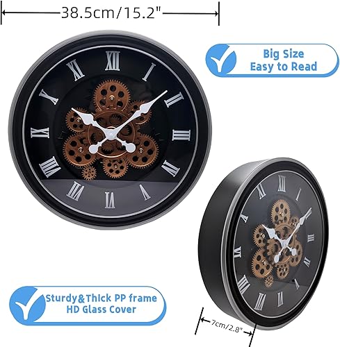 Miniatura 3 de Evursua Reloj de pared grande de 15.2 pulgadas con engranajes reales, reloj de pared móvil vintage industrial steampunk estética, arte para