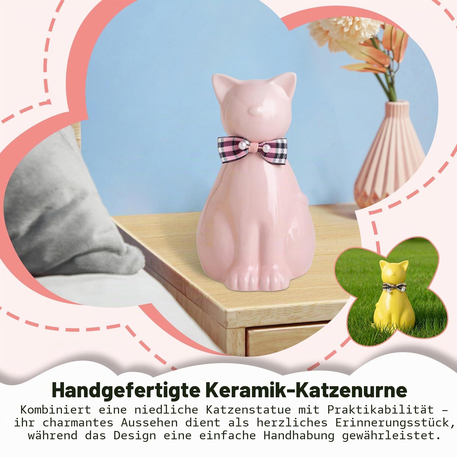 Handgefertigte Keramik-Katzen-Urne für Asche, Katzenstatue, Beerdigung, Gedenkgeschenk, Haustierurne für den Innen- und Außenbereich (Schwarz, Einheitsgröße)