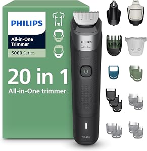 Philips All-in-One 20-Piece Trimmer 5000 Series - Shaver and Clipper for Face, Hair & Body, Self-sharpening Full Metal Blades, 12 Length Settings (0.5-16 mm), Precision Comb, MG5975/28
