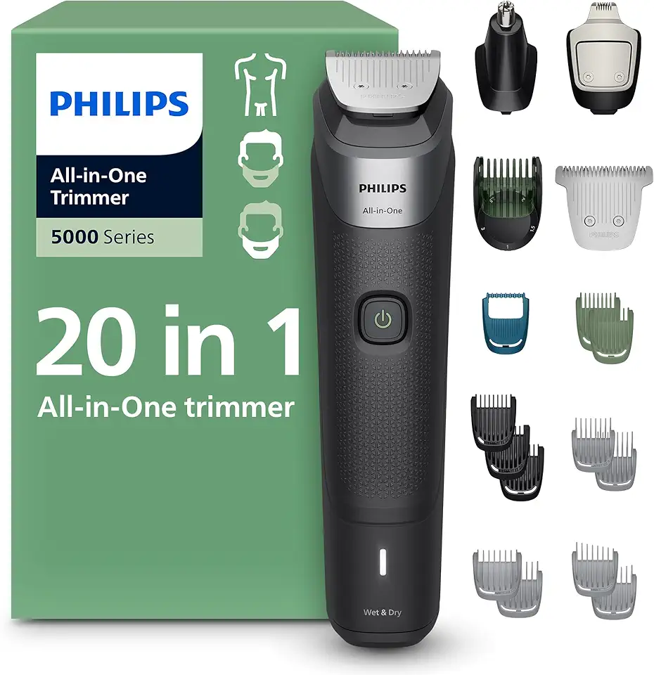 Philips All-in-One 20-Piece Trimmer 5000 Series - Shaver and Clipper for Face, Hair &amp; Body, Self-sharpening Full Metal Blades, 12 Length Settings (0.5-16 mm), Precision Comb, MG5975/28