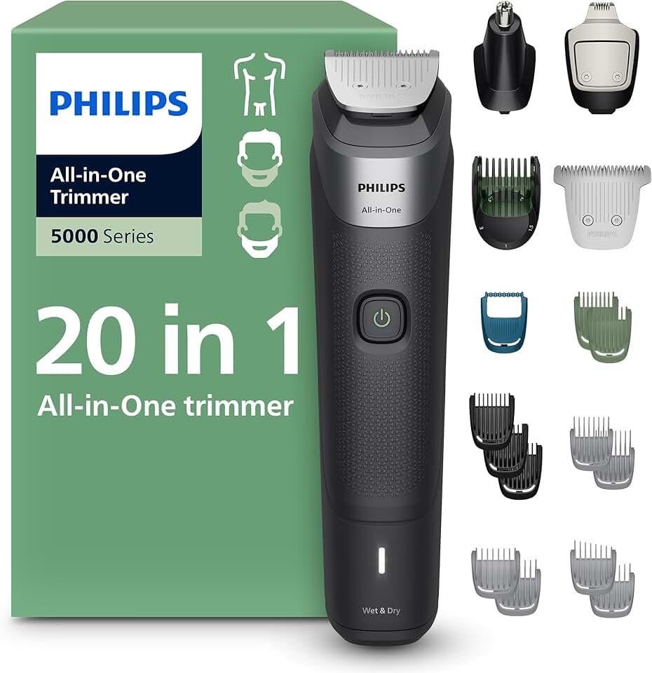 Philips All-in-One 20-Piece Trimmer 5000 Series - Shaver and Clipper for Face, Hair & Body, Self-sharpening Full Metal Blades, 12 Length Settings (0.5-16 mm), Precision Comb, MG5975/28