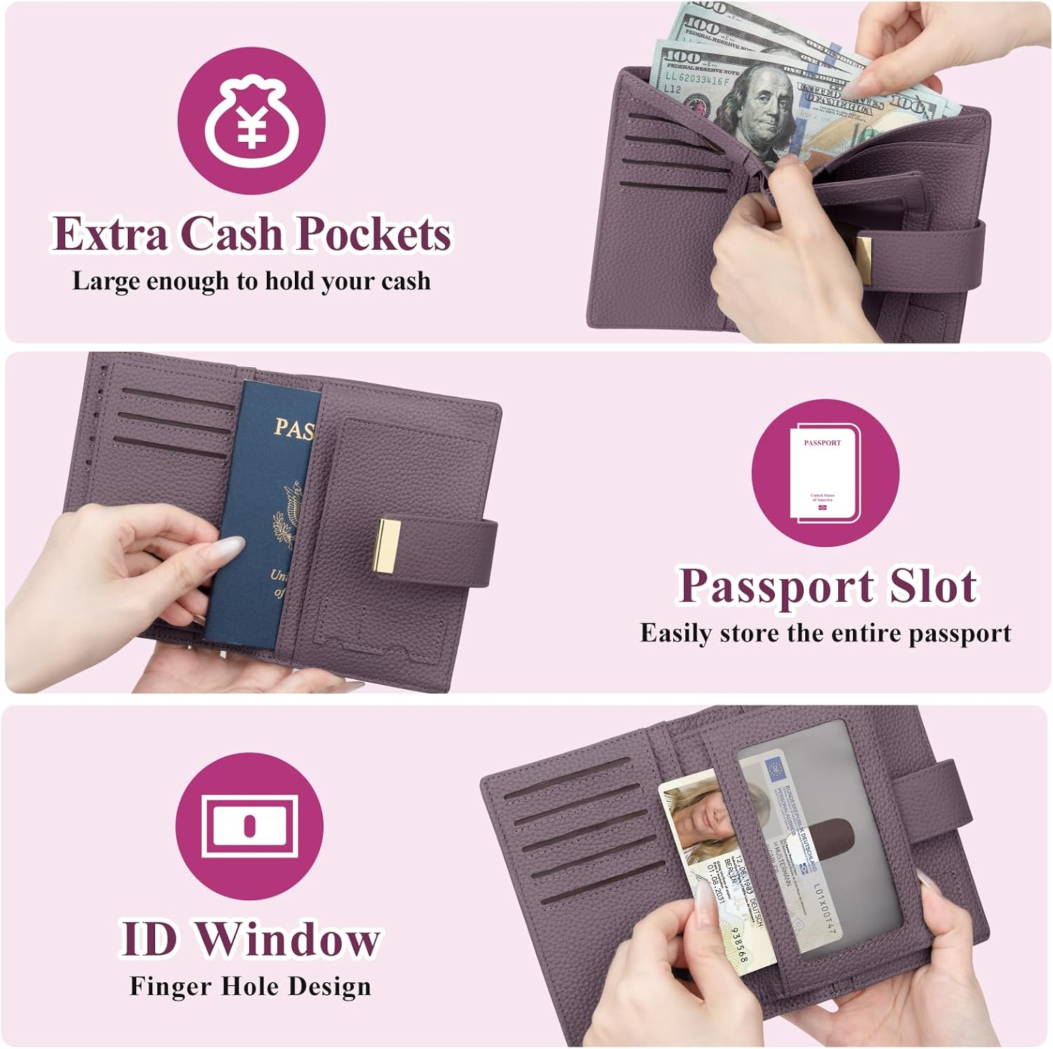 BKNOOU RFID Blocking Passport Holder with Airtag - Leather Travel Passport Wallet for Women, Slim Bifold Travel Passport Holder Holds Cards & Tickets & Cash (Light Purple) - Image 2