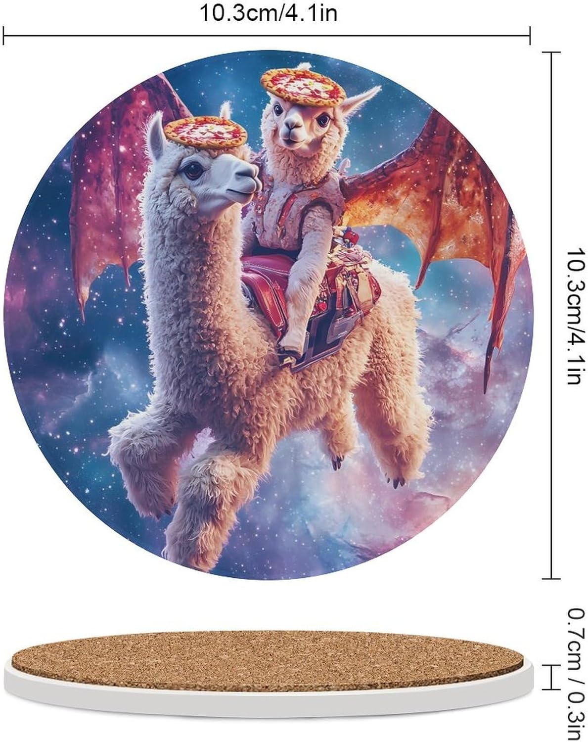 Alpaca with Dragon Wings Galaxy Funny Round Ceramic Coasters for Drink Absorbent Cup Holders Tabletop Protection