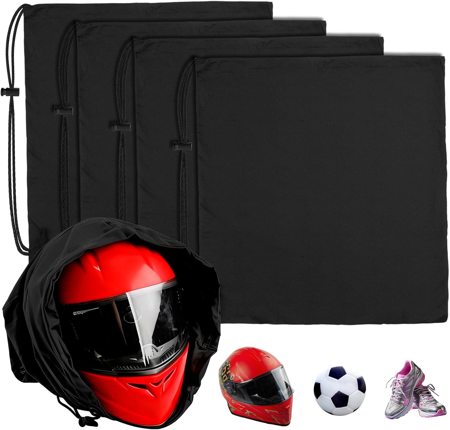 4Pcs Motorcycle Helmet Bags, Welding Motorcycle Hood Bag with Drawstring Locking, Large Capacity Lightweight Helmet Protection Storage Bag for Ski Sport Riding Bicycle Hiking Travel, Black