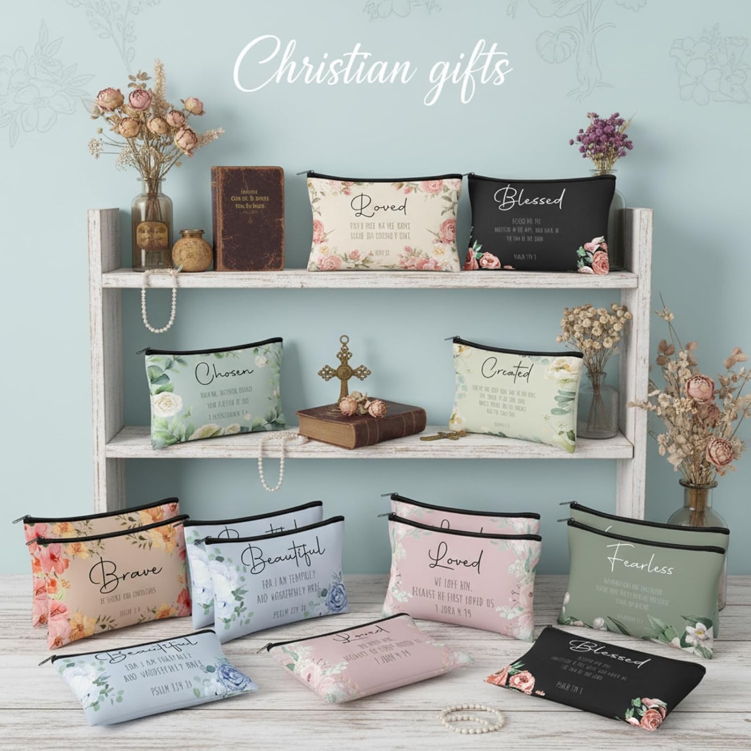Jetec 30 Pcs Christian Gift for Women Bulk Religious Cosmetic Bags Christmas Inspirational Bible Verse Pencil Pouch Makeup Bags with Zipper for Travel Women Mother Church Favors(Brave,Morandi Style)