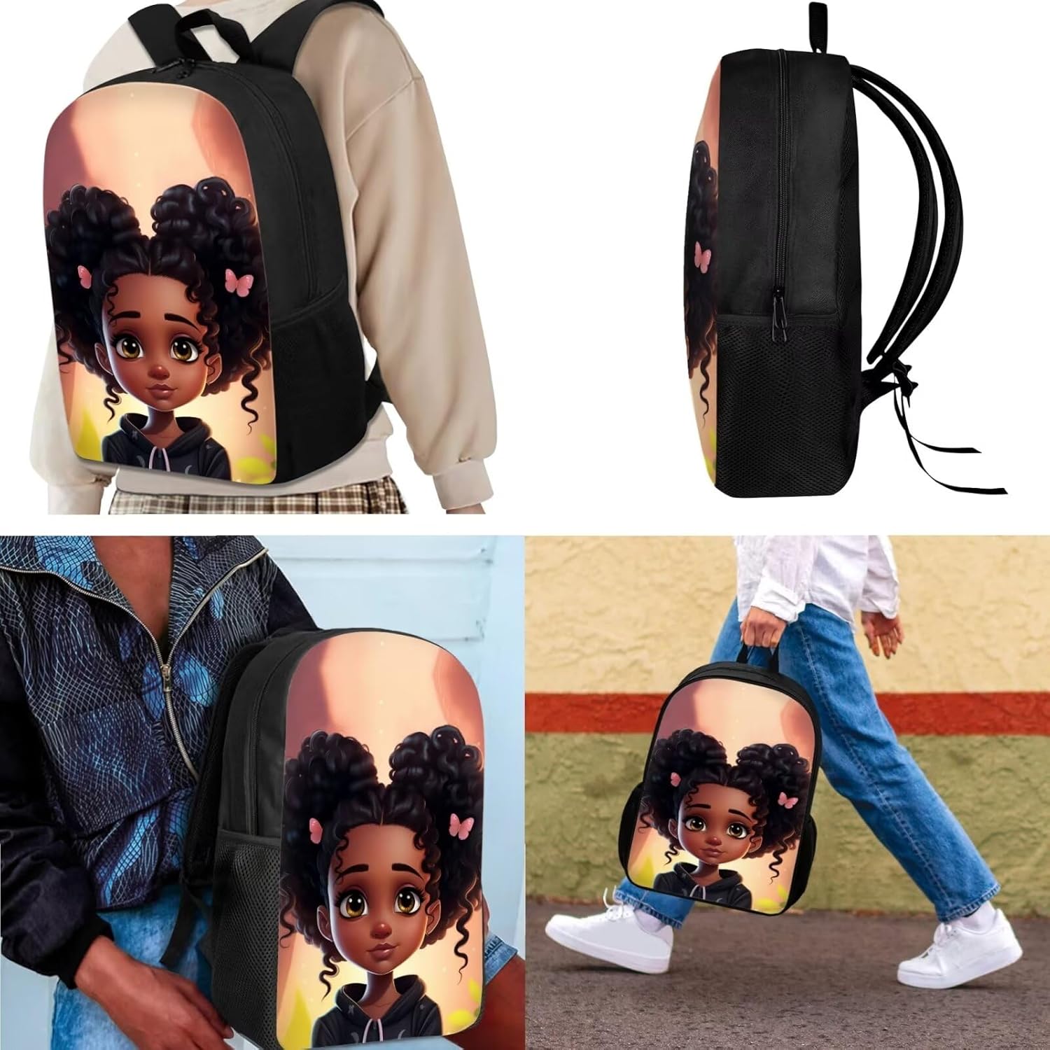 Black African Girl Backpack with Lunch Box,Afro American Kids Bookbag Lunch Bag Pencil Case 6-8/10-12,Elementary School Bag Lunchbbag 2Nd/ 3Rd