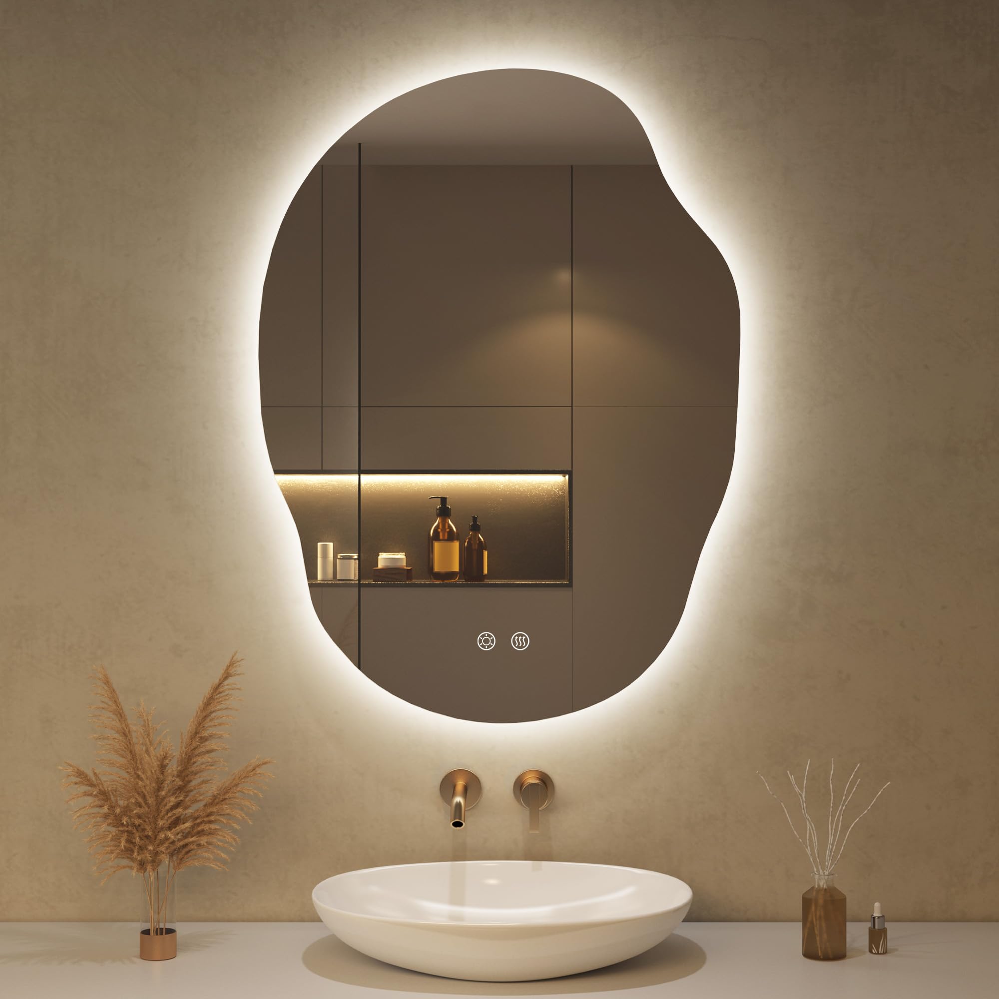 OUMUSU Spiegel mit Beleuchtung Asymmetrischer LED Badspiegel 56 x 76 cm mit Touch-Schalter, Dimmbar 3 Lichtfarbe Einstellbare, Beschlagfrei Badezimmerspiegel mit Beleuchtung, Bruchsicher