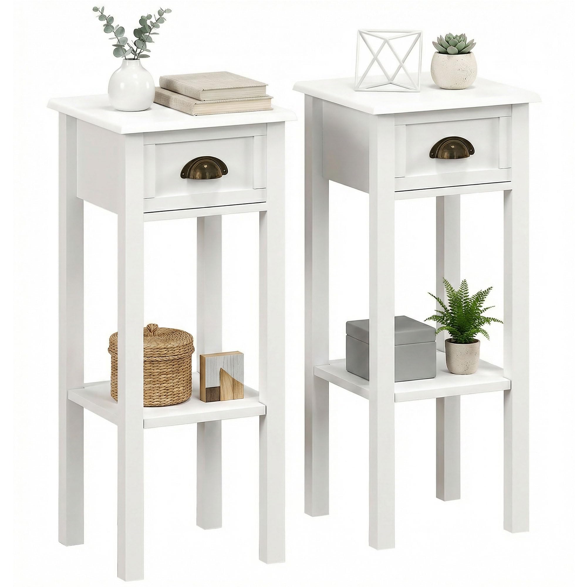 HOMCOM Narrow Bedside Tables with Drawer and Bottom Shelf, Slim Tall Telephone Side Table for Small Space Living Room, Modern Nightstand Set of 2, 30 x 30 x 75 cm, White