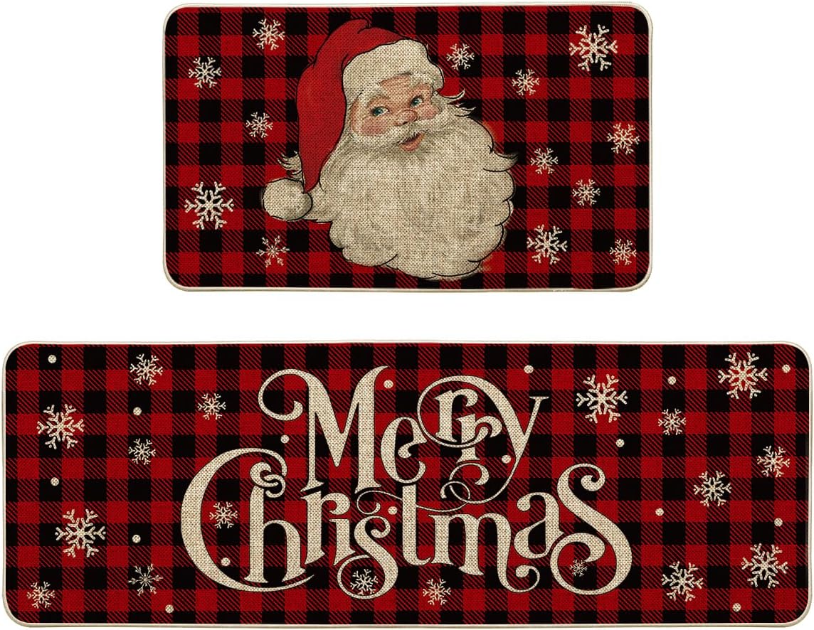 Artoid Mode Buffalo Plaid Snow Santa Claus Christmas Kitchen Rugs Set of 2, Winter Low-Profile Floor Mat Merry Christmas Decorations for Home Kitchen - 17x29 and 17x47 Inch