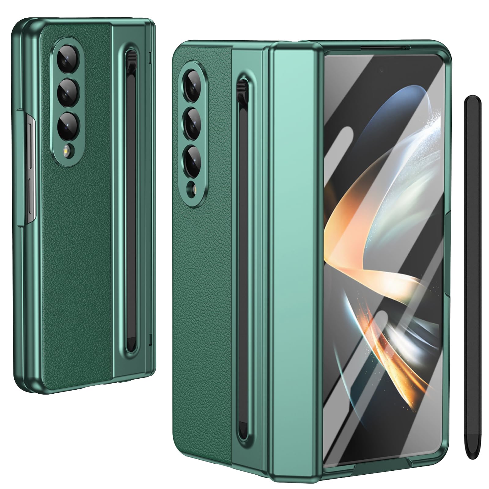 per Galaxy Z Fold4 Custodia con Penna e Slot per Penna, Pellicola Protettiva in Vetro Temperato + Protezione Cerniera Cover in Pelle per Samsung Galaxy Z Fold4-Verde