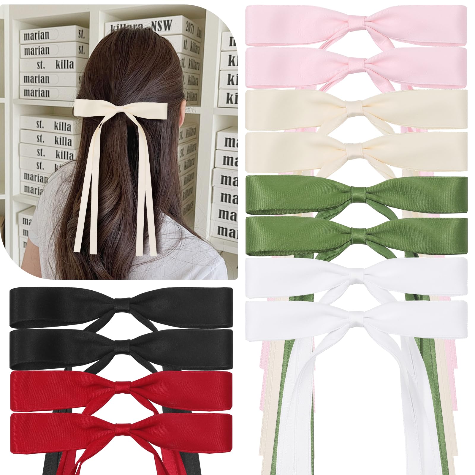 12 PCS Cute Hair Bows with Long Tails, 6 Colors Ribbon Barrettes and Clips Accessories for Women