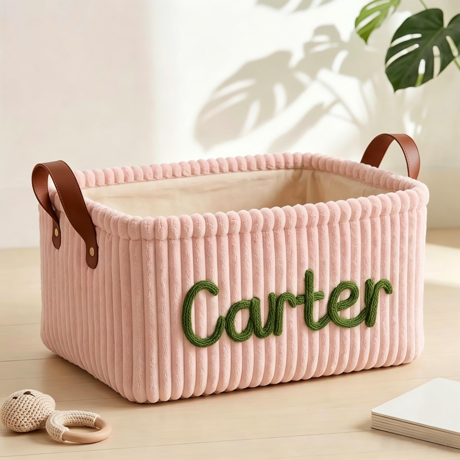 Personalized Corduroy Baby Storage Basket, Custom Yarn Name Laundry Hamper