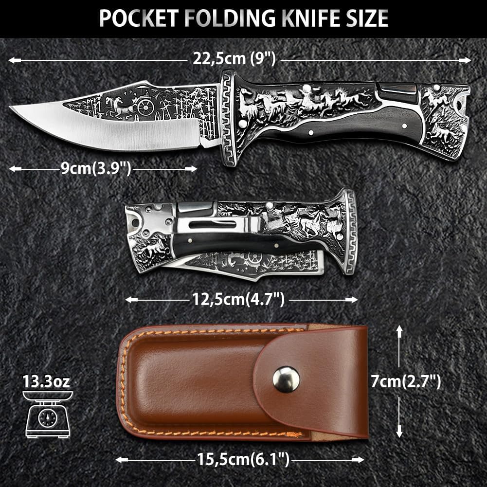NedFoss Dark Hourse Pocket Knife for Men, Fathers Day Dad Gifts for Men from Daughter Wife Son, 3.5 inch Engraved Unique Folding Knife, Pocket Knives with Holster, Cool Knives, Mens Stocking Stuffers Gifts Idea for Boyfriend Husband Grandpa
