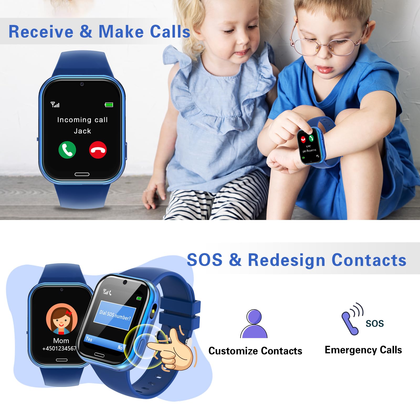 Igreeman Reloj inteligente para niños y niñas con función de llamada, cámara SOS, podómetro, linterna, despertador, reloj inteligente, regalo para 4-10 años, color azul