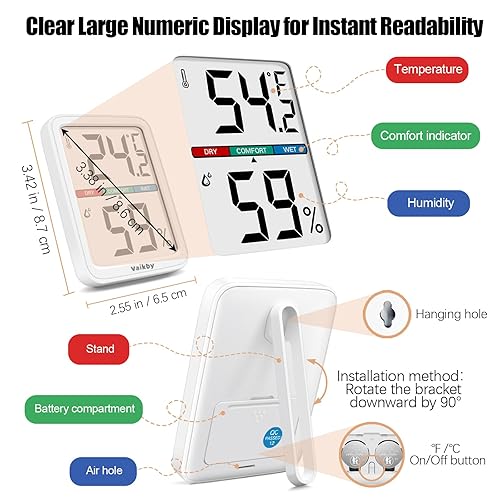 Miniatura 5 de Vaikby Higrómetro de precisión medidor de humedad interior y termómetro de habitación con medidor de temperatura, monitor digital para comodidad del