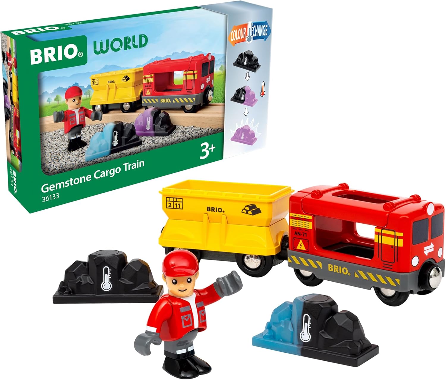 BRIO World Gemstone Cargo Train - 5-Piece Wooden Cargo Train with Color-Changing Gem Loads - Interactive Toy Train Playset - Works with All World Railway Sets - Kids Ages 3 & Up