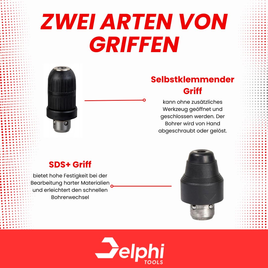 DELPHI Set Trapano A Percussione SDS Plus - Trapano a percussione SDS 6/8/10mm 800W/2600W 4J Frequenza Di Corsa 4000/min - Martello A Percussione Per Foratura Impugnatura Aggiuntiva 15 Accessori