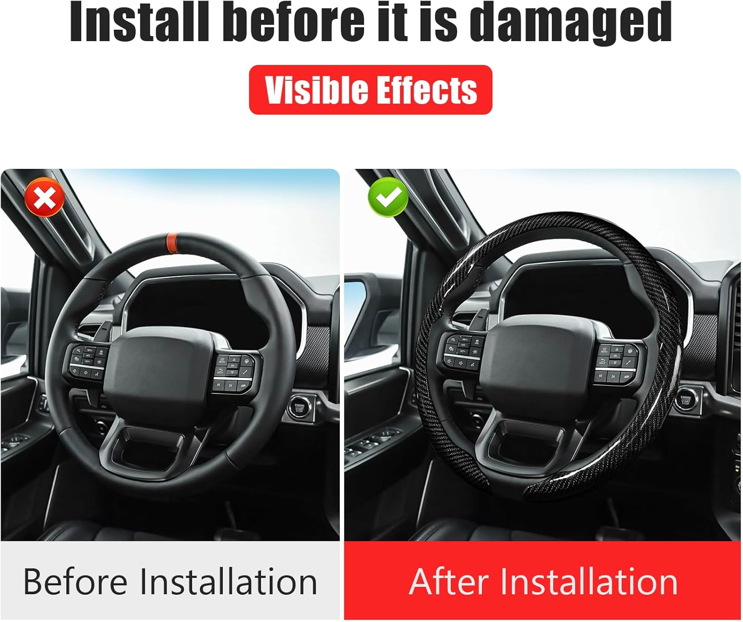 Car Steering Wheel Cover for Ford F-150, F-250, F-350 Carbon Fiber Pattern Protective Sleeve Anti-Slip Design Compatible with 15-inch Wheels Customization Accessories for Men and Women