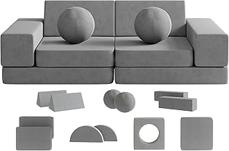 Kids Couch, 12PCS Fold Out Toddler Couch with 2 Balls and Tunnel, Modular Kids Couch for Playroom, Kids Play Couch for Kickball Game, Pitching Game, Over 30 Creative Gameplay Couch for Kids (Gray)
