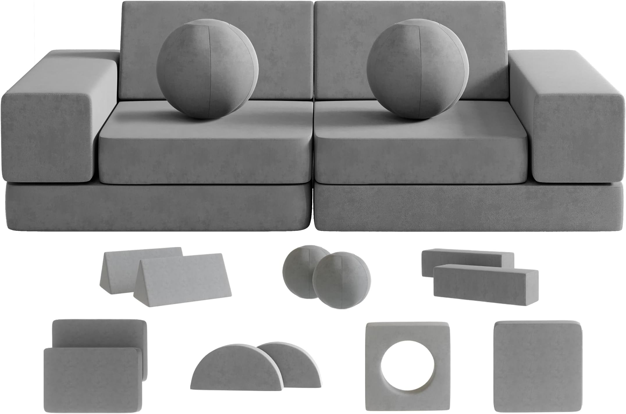 Kids Couch, 12PCS Fold Out Toddler Couch with 2 Balls and Tunnel, Modular Kids Couch for Playroom, Kids Play Couch for Kickball Game, Pitching Game, Over 30 Creative Gameplay Couch for Kids (Gray)