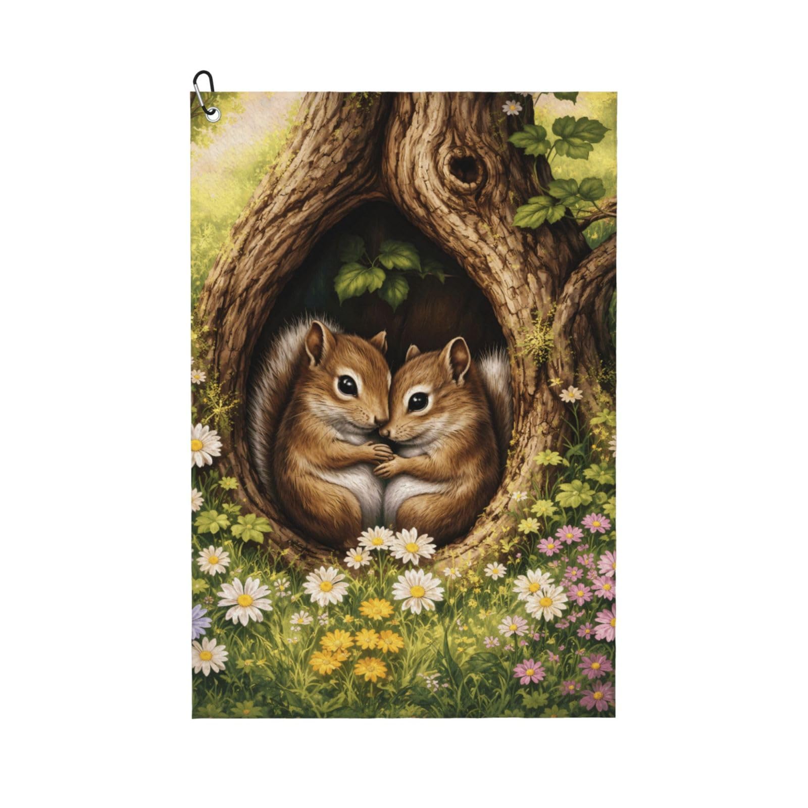 Oudrspo Snuggling Squirrel & Colorful Flower Multi-Functional Golf Towel | Absorbent Quick Drying 16x24in