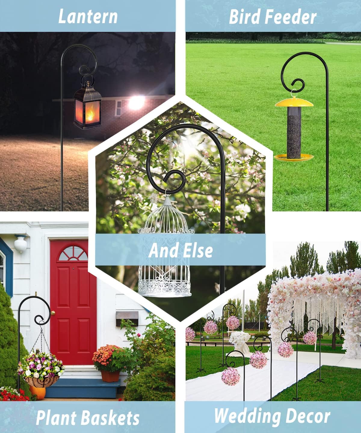 Outdoor Shepherd Hooks 76 inch Tall for Bird Feeder (2 Packs), Adjustable Metal Garden Poles for Hanging Plants Solar Light Lantern, Bright Black